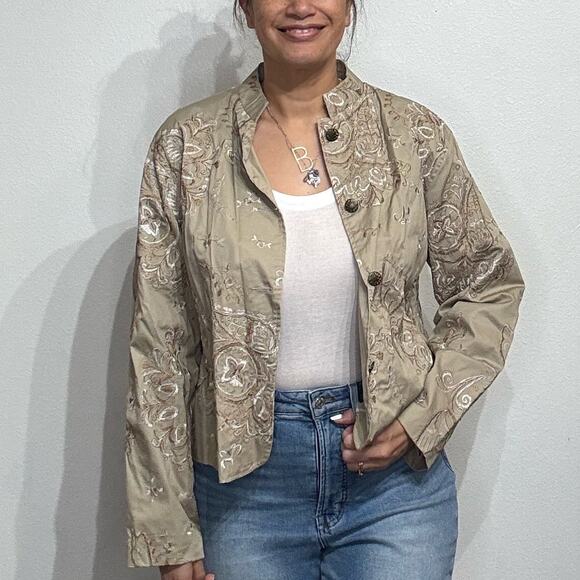 Chico's Tan Metallic Dream Embroidered Rosina Jacket Sz 2/L NWT - Picture 1 of 14